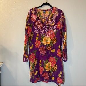 Raj Floral Long-sleeve hand embroidered caftan dress. Bollywood. Size L. Pre-own